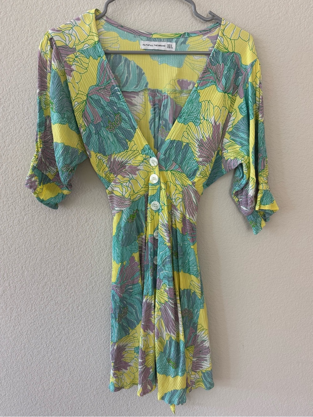 Faithfull the Brand Yellow Floral V-Neck Mini Dress with Teal & Purple Print